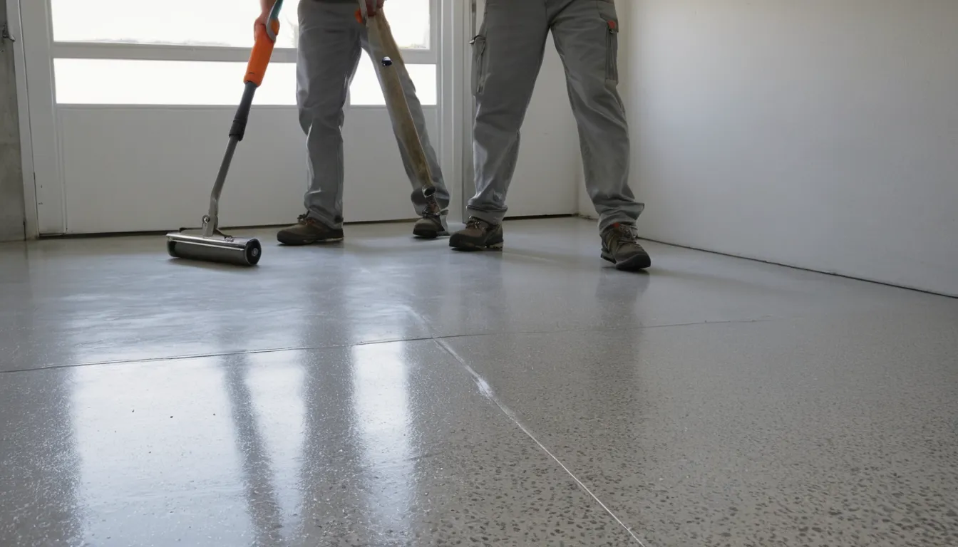 Freshly coated concrete floor in a home near Woodside with a smooth, even finish